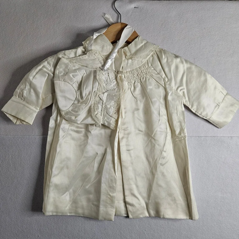 Vintage Ivory Satin Christening Gown Set Coat Bonnet Lace Smocked Baptism 6-9mos